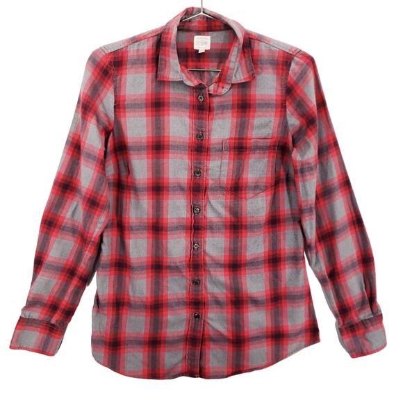 J CREW Flannel Womens Extra Small Red Gray Plaid Long Sleeve Button Up Shirt Top - Picture 1 of 7